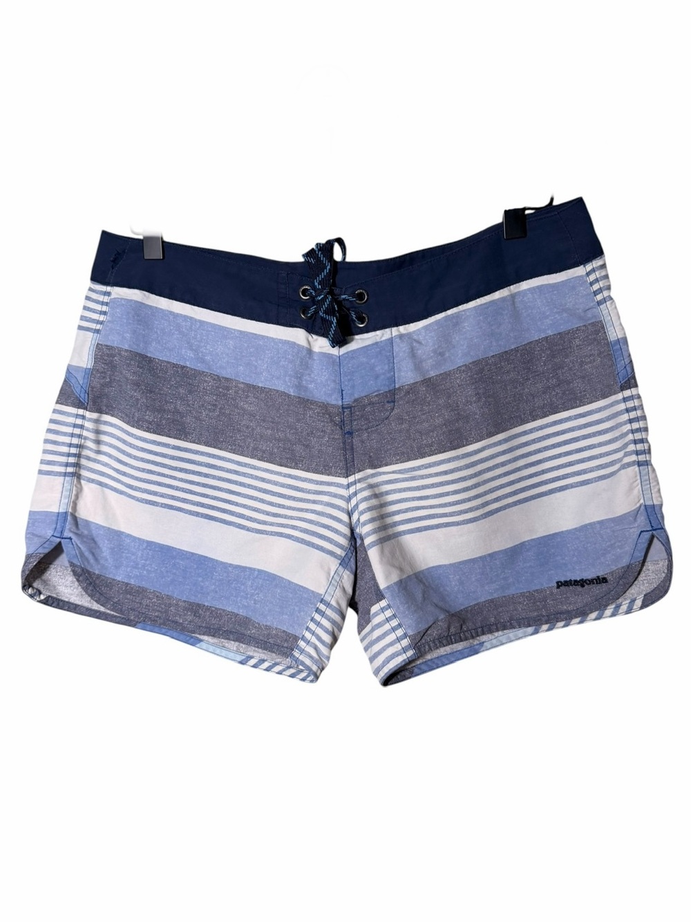 Patagonia Women’s Navy and Light Blue Striped Hybrid Shorts